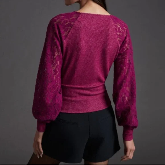 Anthropologie $98 NWOT Plum Laced Balloon Sleeve  Sweater Blouse Size Small - Picture 4 of 12
